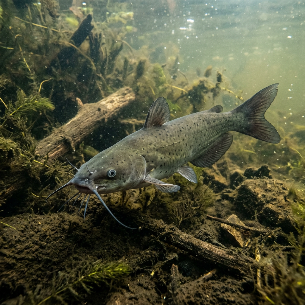 Catfish swimming underwater among logs and aquatic plants in murky water